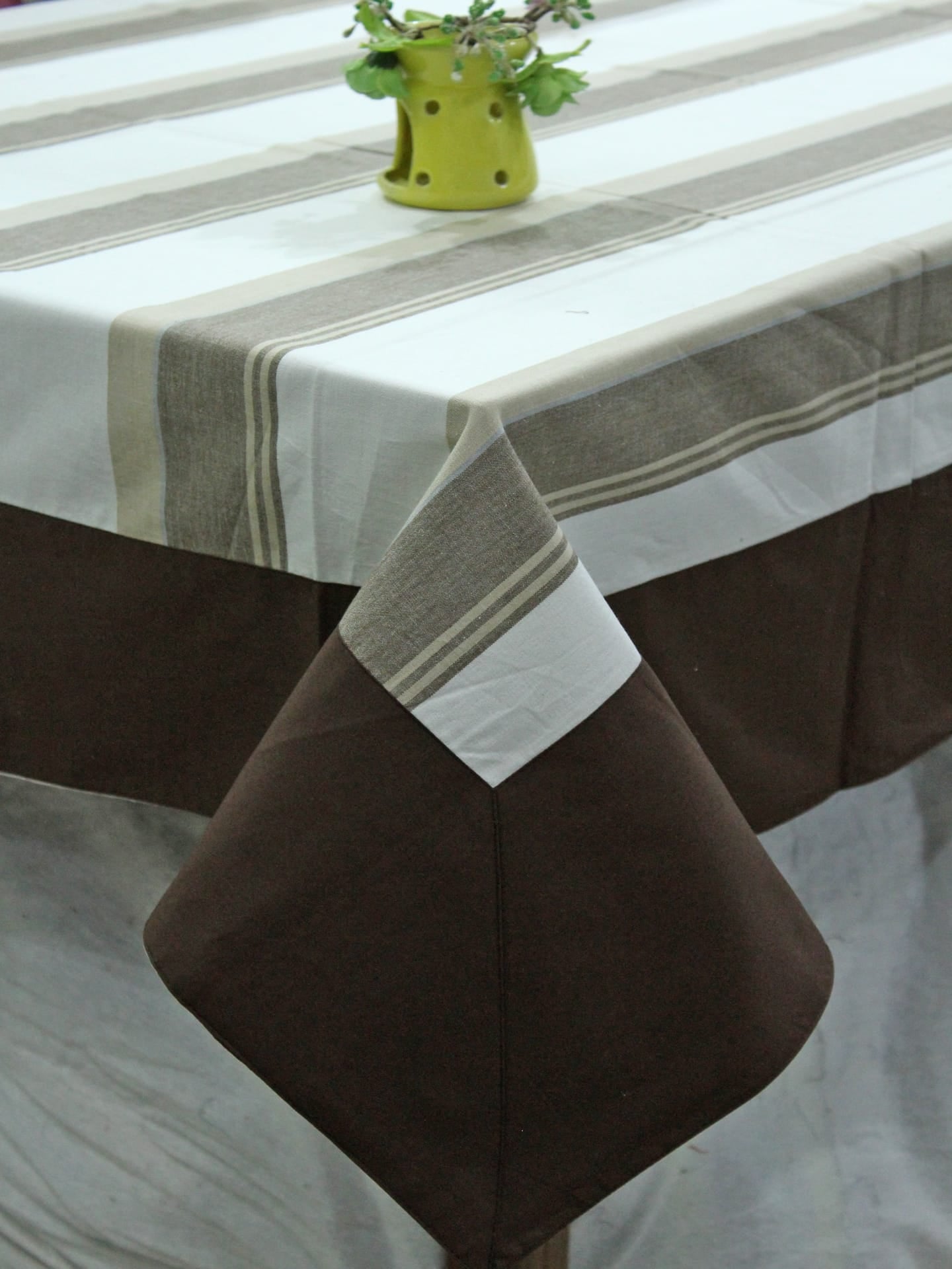 Alpha White & Brown Woven Cotton Stripes Table Cover(1 Pc) online in India
