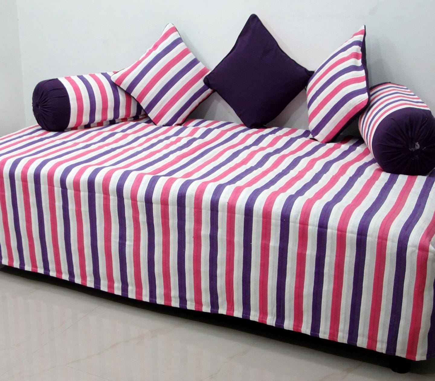 Soft Stripe Print Mercerised Woven Cotton Diwan Set(6 Pcs) online in India