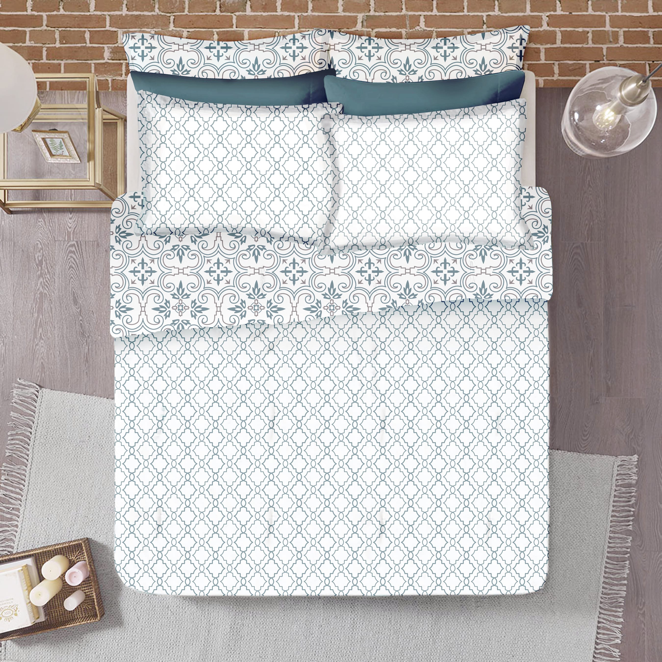 Soft Cotton Printed 300 TC Ikat Geometrical Satin Fitted Bedsheet In Blue At Best Prices