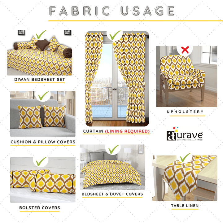 Soft Mustard 144 TC Ikat Print Cotton Fabric(231 cms) online in India