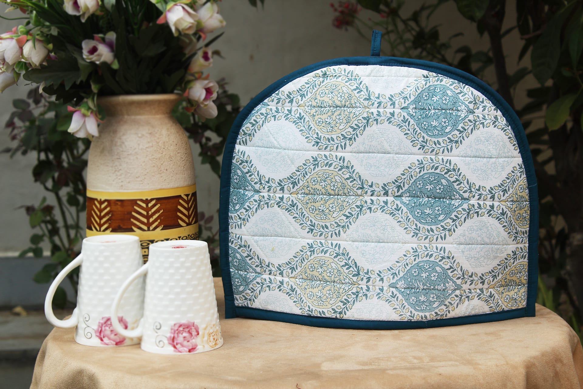 Printed Cotton Quilted Tea Cozy - Peacock Blue