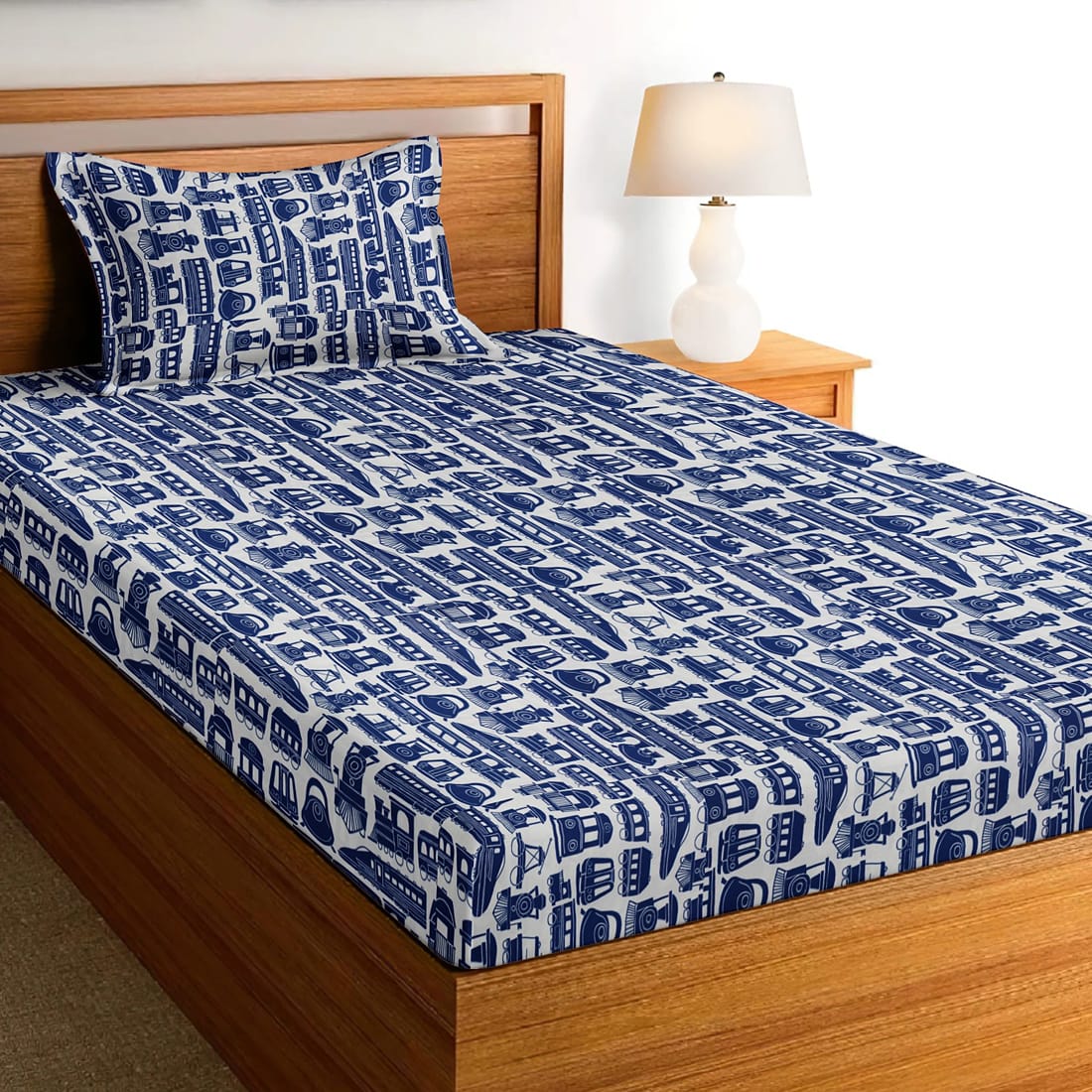 Soft Cotton Digital Print Single Fitted Bedsheet For Kids In Blue