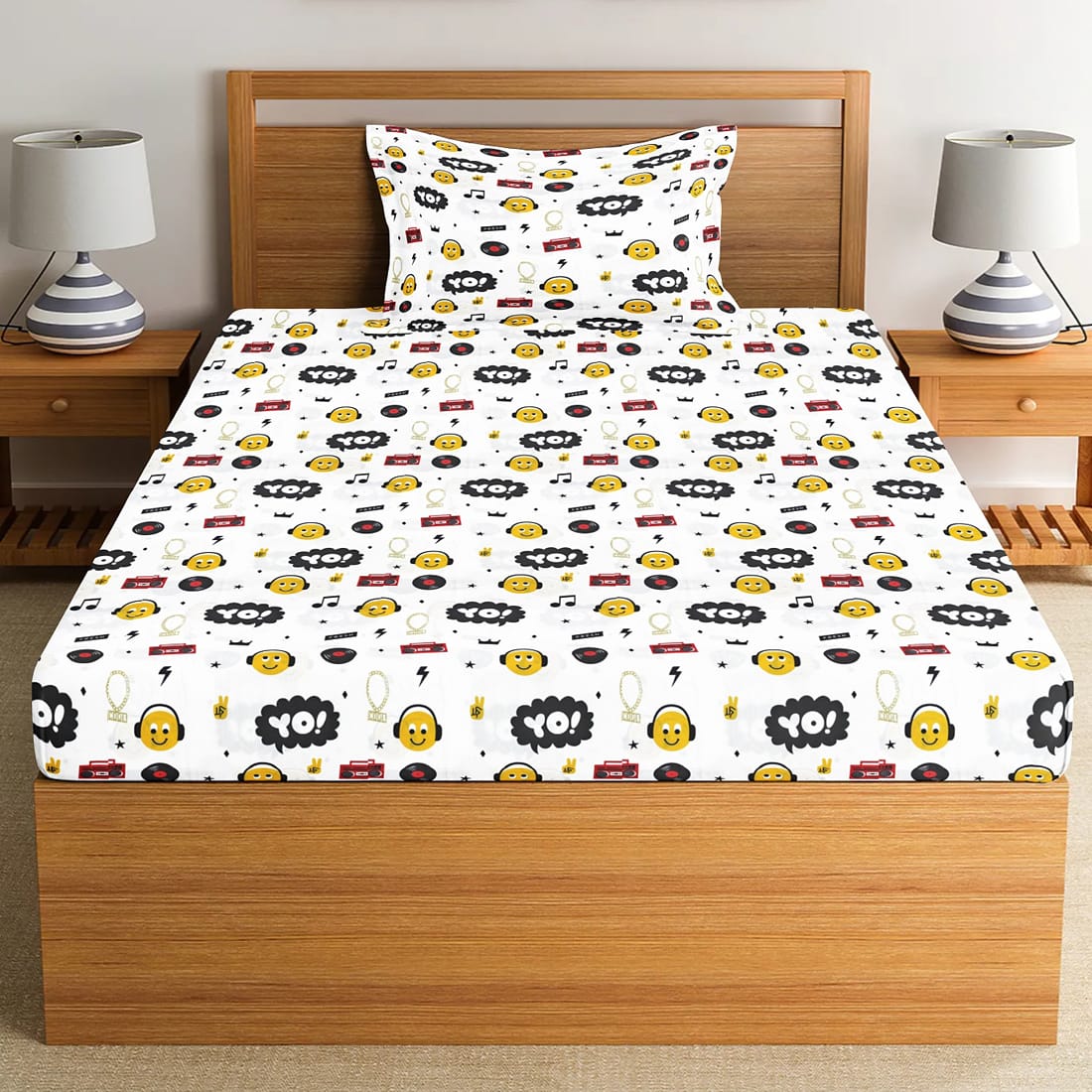 Soft Cotton Digital Print Single Fitted Bedsheet For kids In Yellow