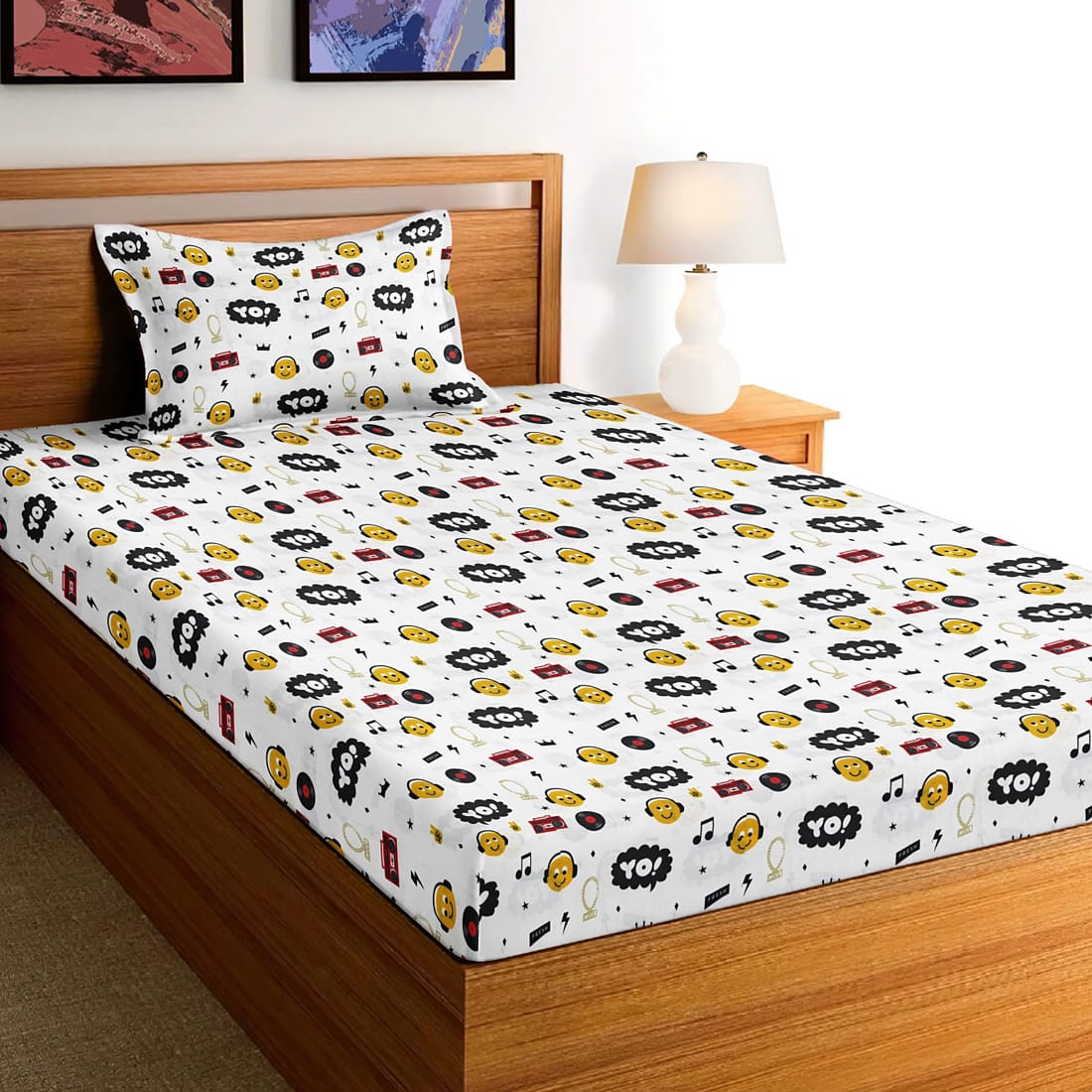 Soft Cotton Digital Print Single Fitted Bedsheet For kids In Yellow