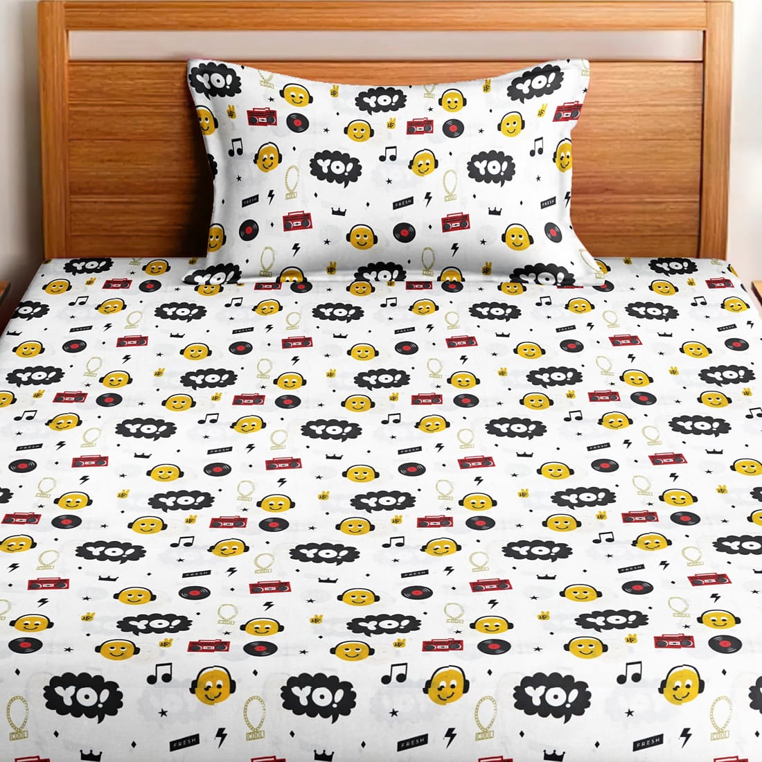 Soft Cotton Digital Print Single Fitted Bedsheet For kids In Yellow