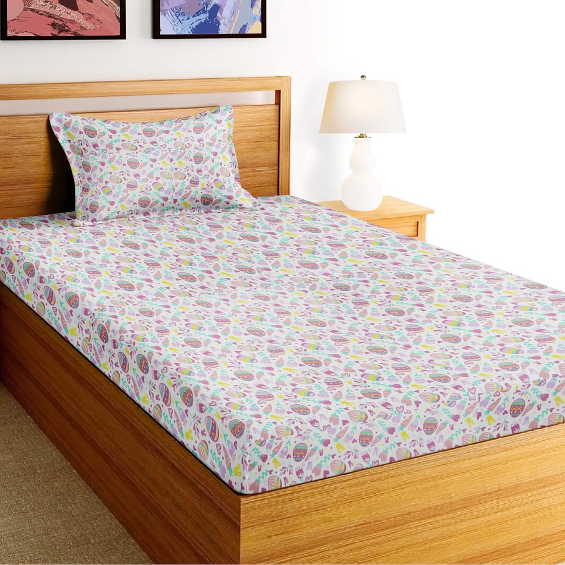 Soft Cotton Digital Print Single Fitted Bedsheet For Kids In Magenta