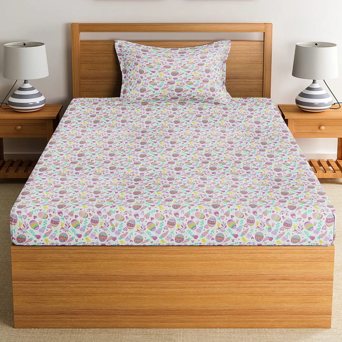 Soft Cotton Digital Print Single Fitted Bedsheet For Kids In Magenta