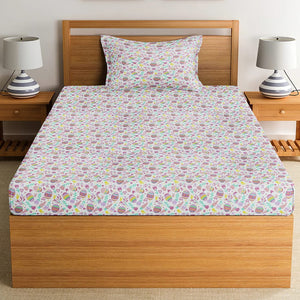 Soft Cotton Digital Print Single Fitted Bedsheet For Kids In Magenta
