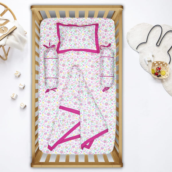 MELANGE 100% Cotton 5 Pcs Baby Cot Bedding Set - Pink