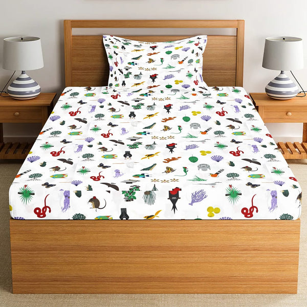 Soft Cotton Digital Print Single Fitted Bedsheet For Kids In Green