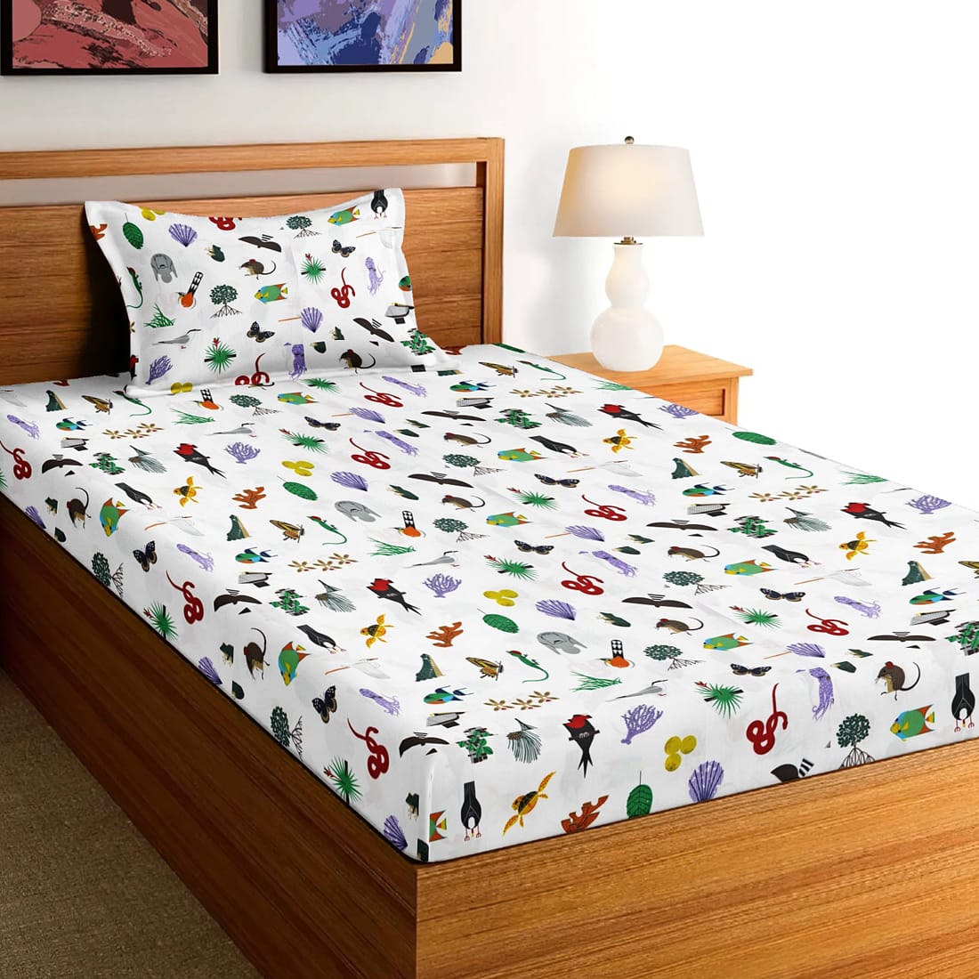Soft Cotton Digital Print Single Fitted Bedsheet For Kids In Green