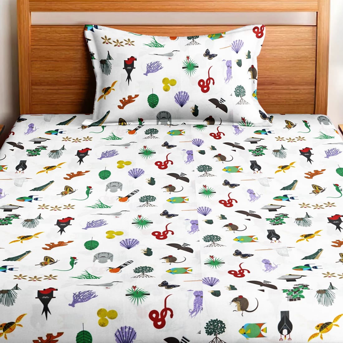 Soft Cotton Digital Print Single Fitted Bedsheet For Kids In Green