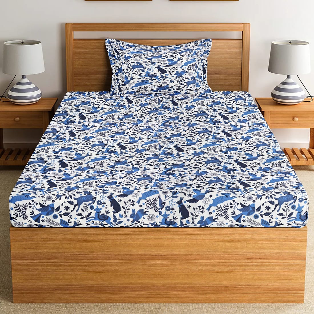 Soft Cotton Digital Print Single Fitted Bedsheet For Kids In Blue