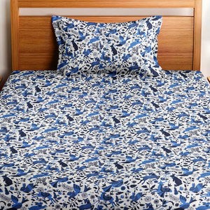 Soft Cotton Digital Print Single Fitted Bedsheet For Kids In Blue