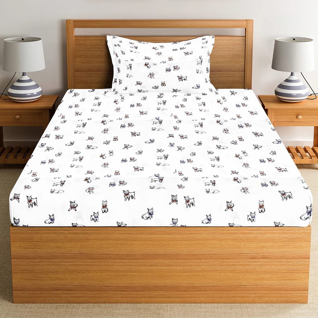 Soft Cotton Digital Print Single Fitted Bedsheet For Kids In Grey