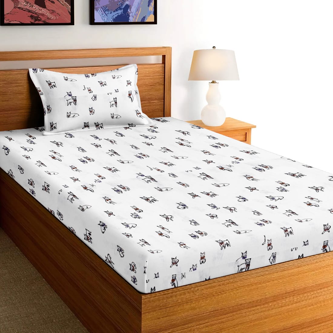 Soft Cotton Digital Print Single Fitted Bedsheet For Kids In Grey