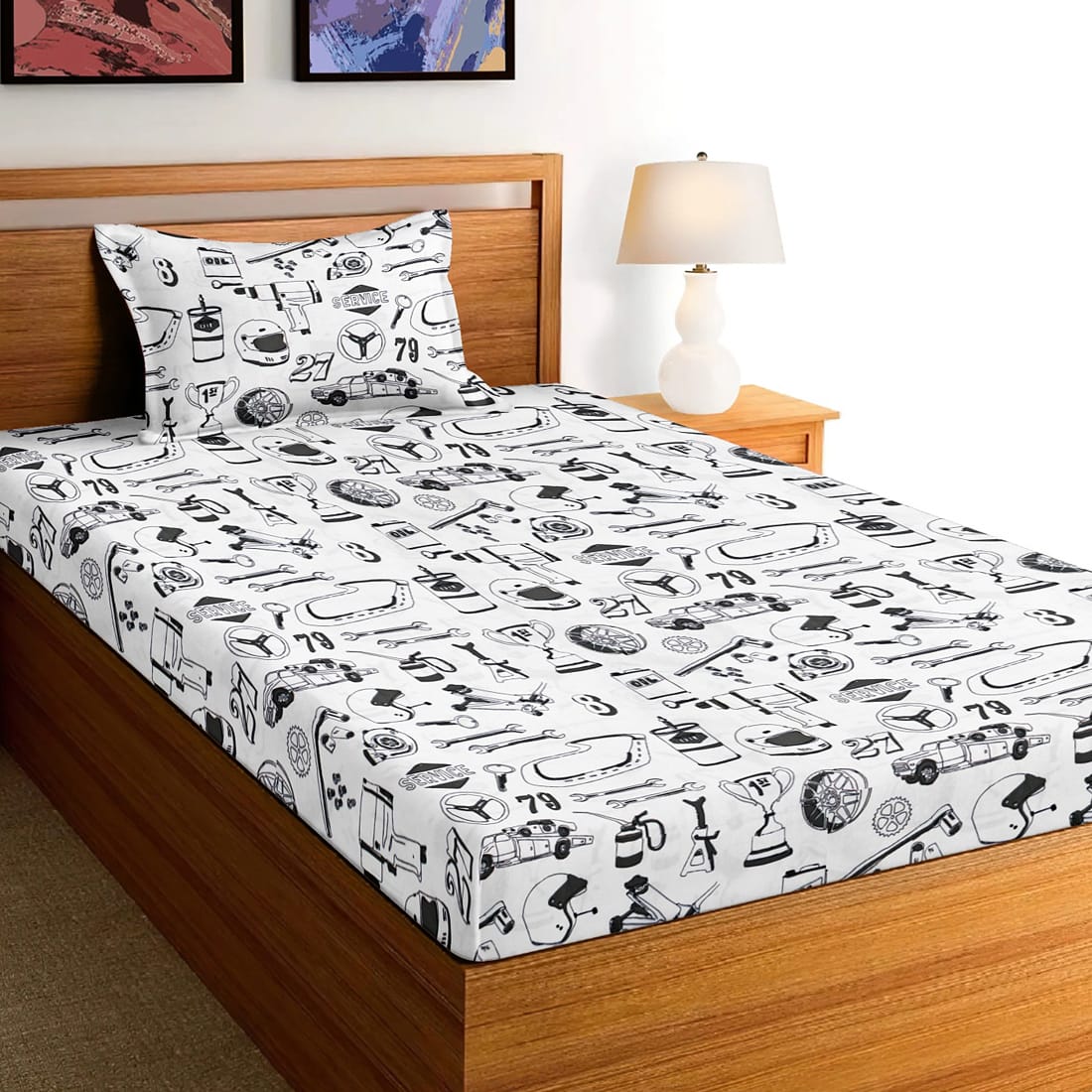 Soft Cotton Digital Print Single Fitted Bedsheet For Kids In Grey