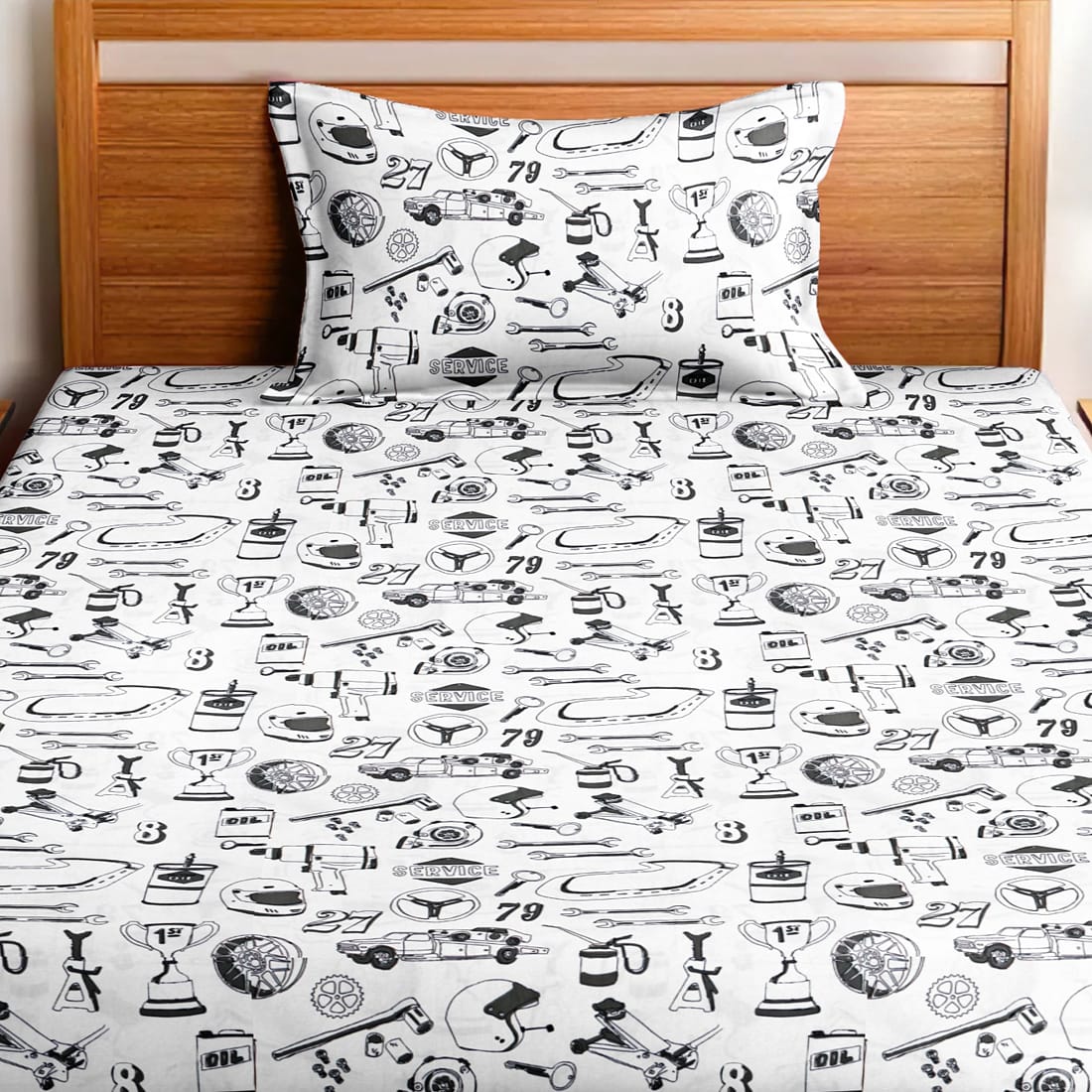 Soft Cotton Digital Print Single Fitted Bedsheet For Kids In Grey