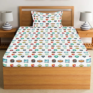 Soft Cotton Digital Print Single Fitted Bedsheet For Kids In Blue