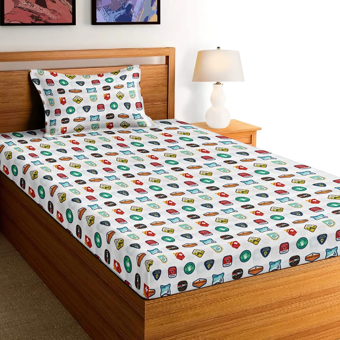 Soft Cotton Digital Print Single Fitted Bedsheet For Kids In Blue