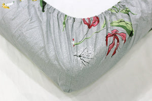 Soft Cotton Floral print 250 TC fitted bedsheet in Grey At Best Prices