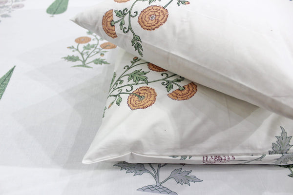 Printed Floral Cotton 250 TC Fitted Bedsheet - Orange