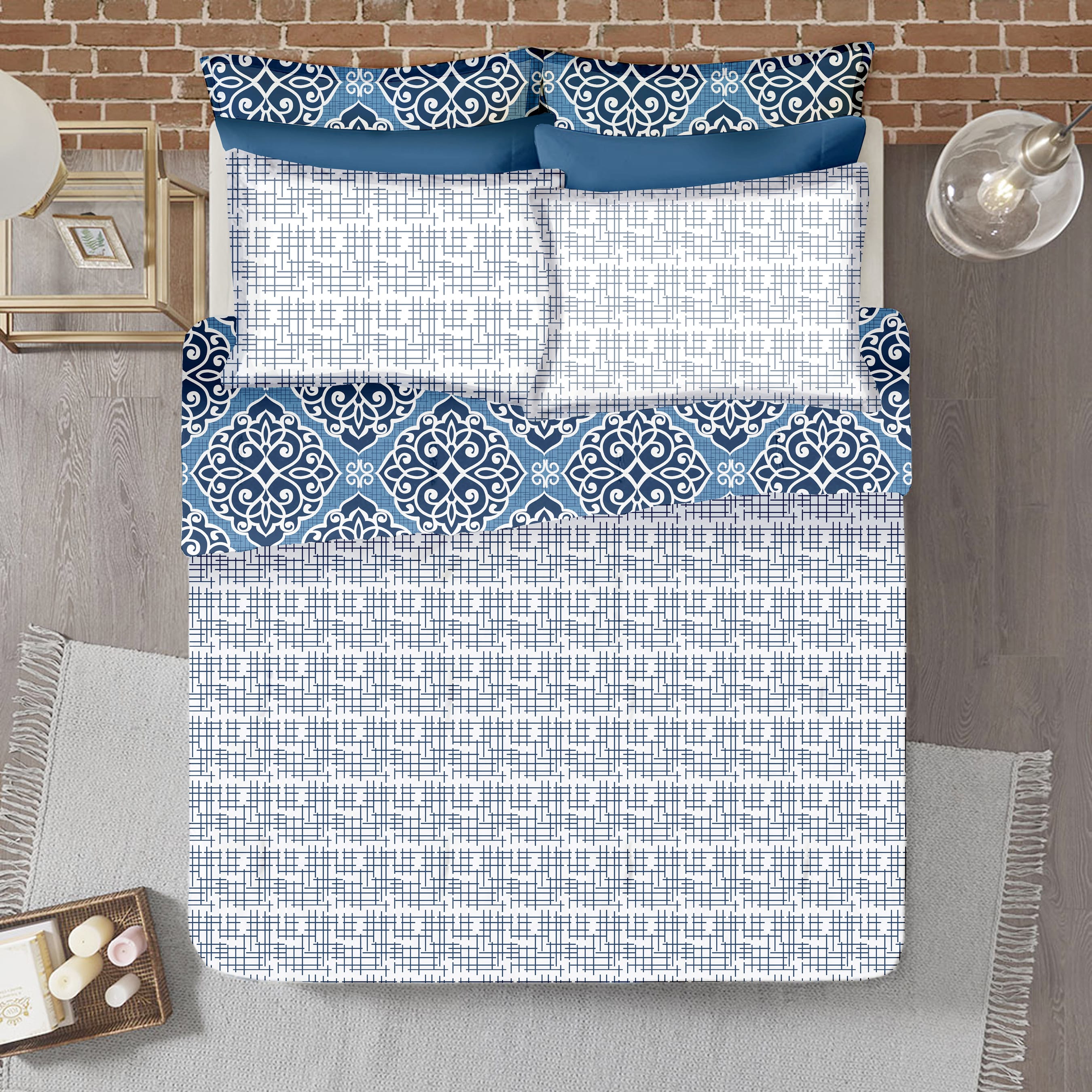 Soft Cotton Printed 300 TC Geometrical Satin Fitted Bedsheet In Blue At Best Prices