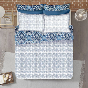 Soft Cotton Printed 300 TC Geometrical Satin Fitted Bedsheet In Blue At Best Prices