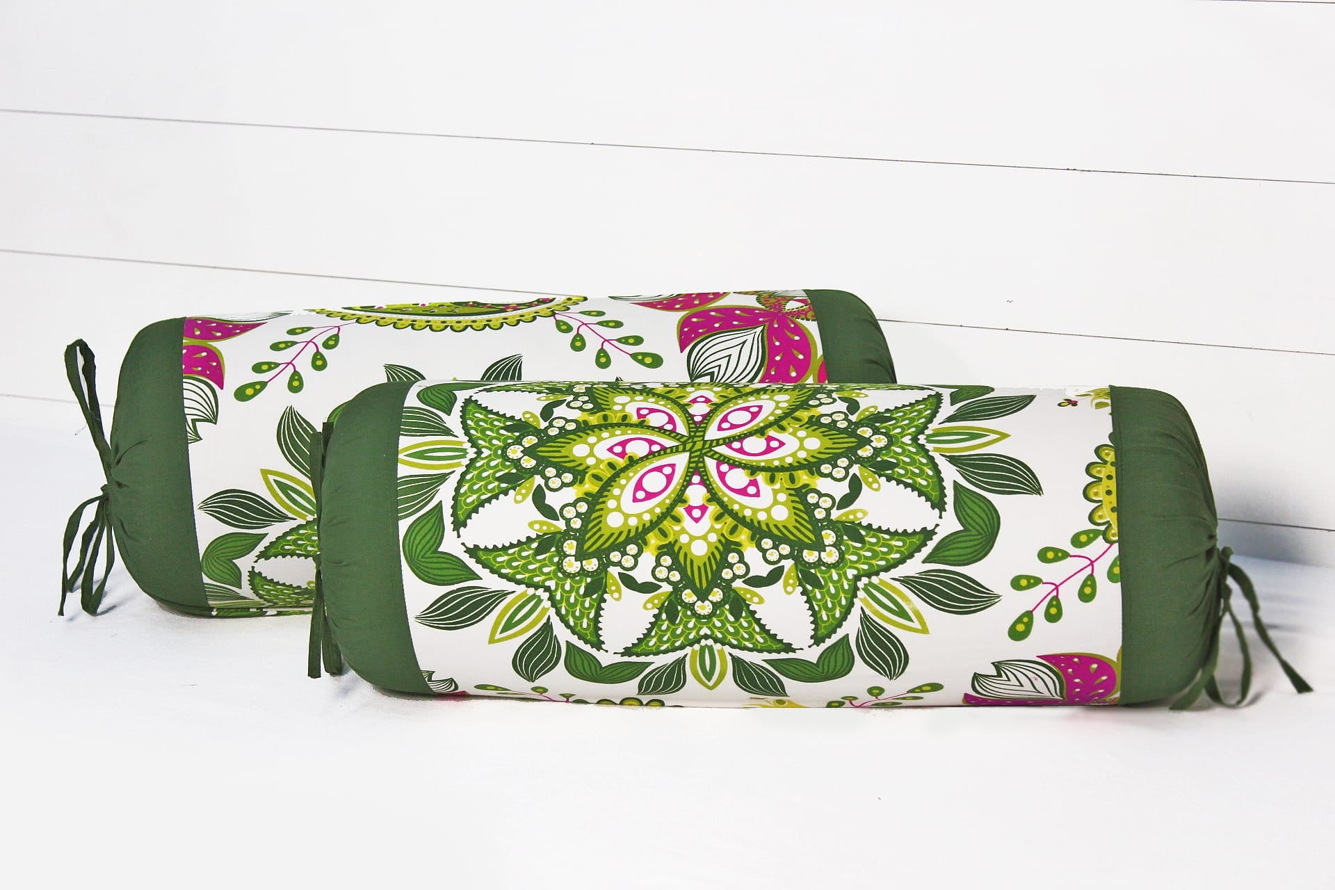 Soft Green Floral Print Cotton Bolster Cover Set (2 Pcs) online in India