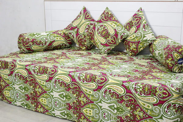 Designer Multicolor Cotton Print Paisley Pattern Diwan Set(6 Pcs) online in India