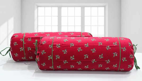 Floral Christmas Tree Print Cotton Bolster Cover Set online at best prices-2pcs