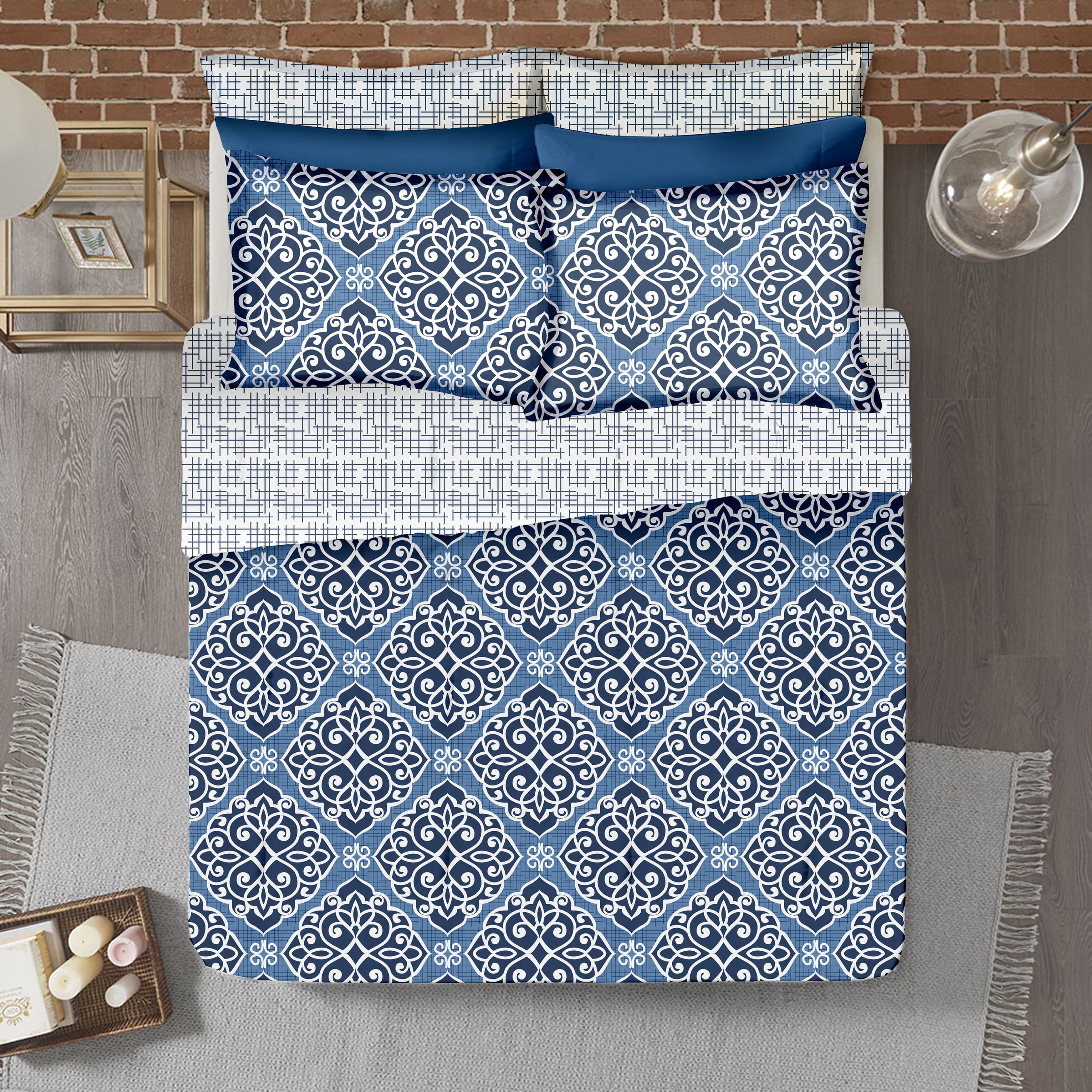 Soft Blue Modern Art 300 TC Cotton Satin Bedsheet online in India