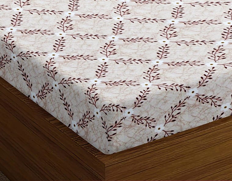 Soft Cotton Floral Print 144 TC Fitted Bedsheet In Coffee At Best Prices