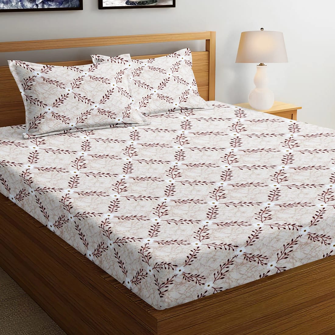 Soft Cotton Floral Print 144 TC Fitted Bedsheet In Coffee At Best Prices