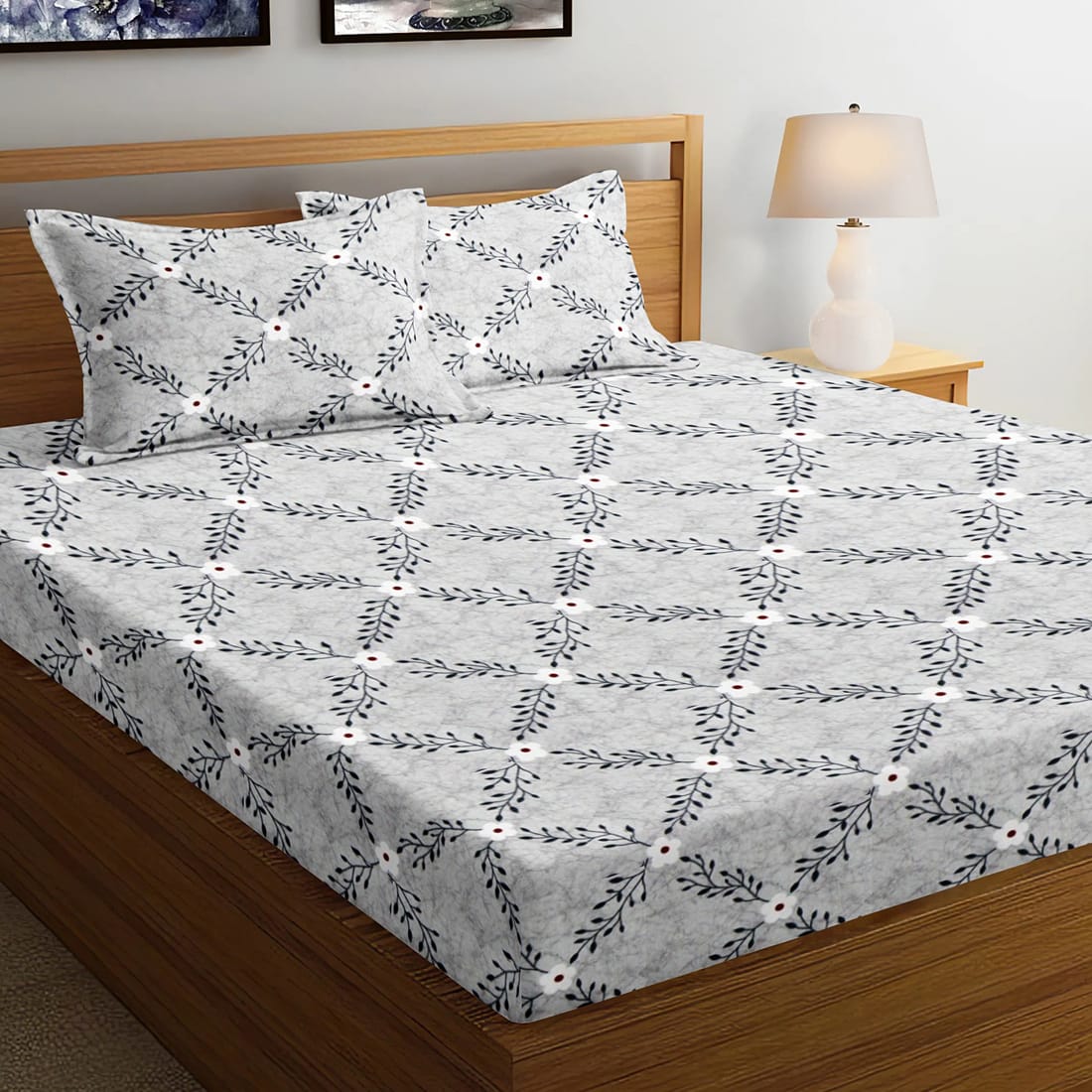 Soft Cotton Floral Print 144 TC Fitted Bedsheet In Grey At Best Prices
