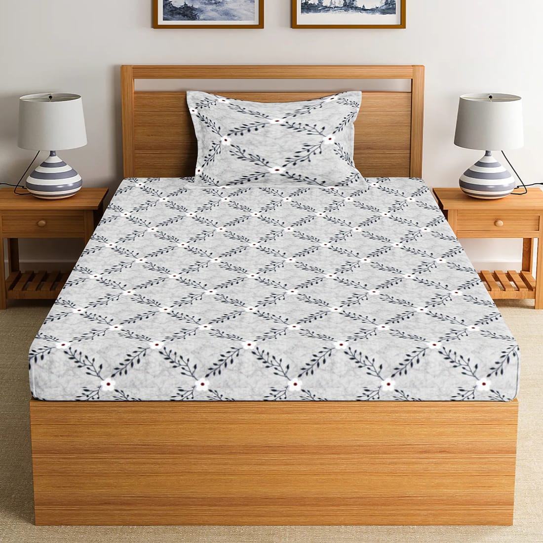 Soft Cotton Floral Print 144 TC Fitted Bedsheet In Grey At Best Prices