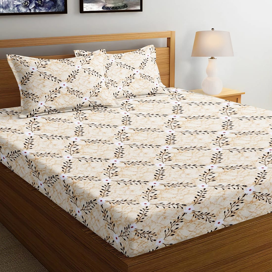 Soft Floral Print 144 TC Cotton Fitted Bedsheet In Yellow At Best Prices