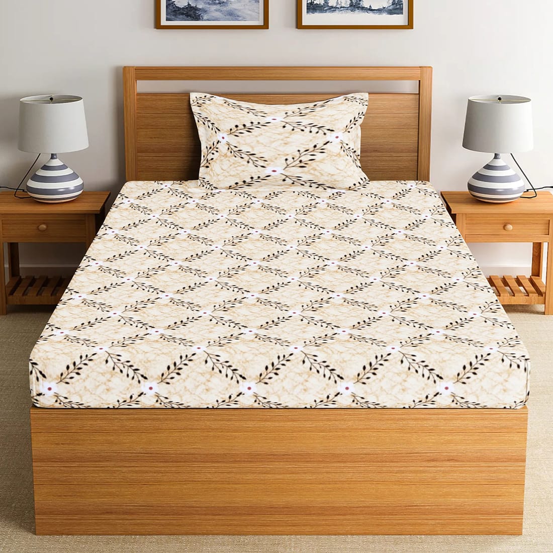 Soft Floral Print 144 TC Cotton Fitted Bedsheet In Yellow At Best Prices