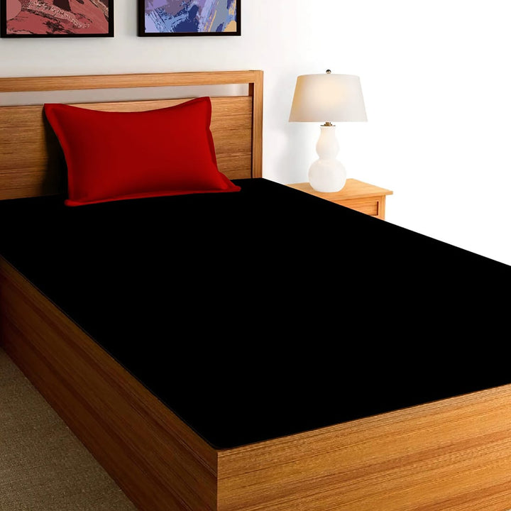 Soft Cotton Plain 210 TC Single Fitted Bedsheet In Black At Best Prices