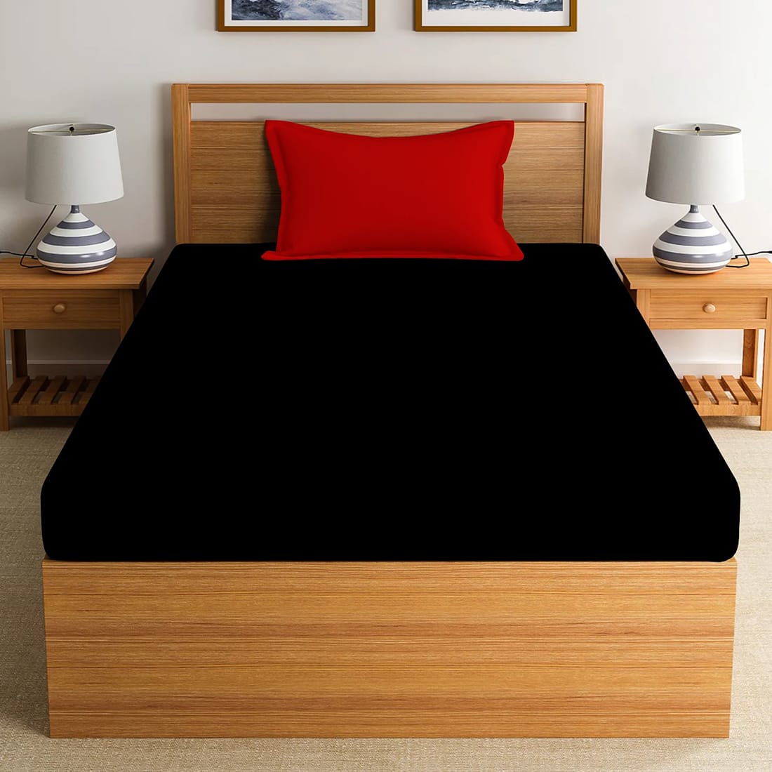 Soft Cotton Plain 210 TC Single Fitted Bedsheet In Black At Best Prices