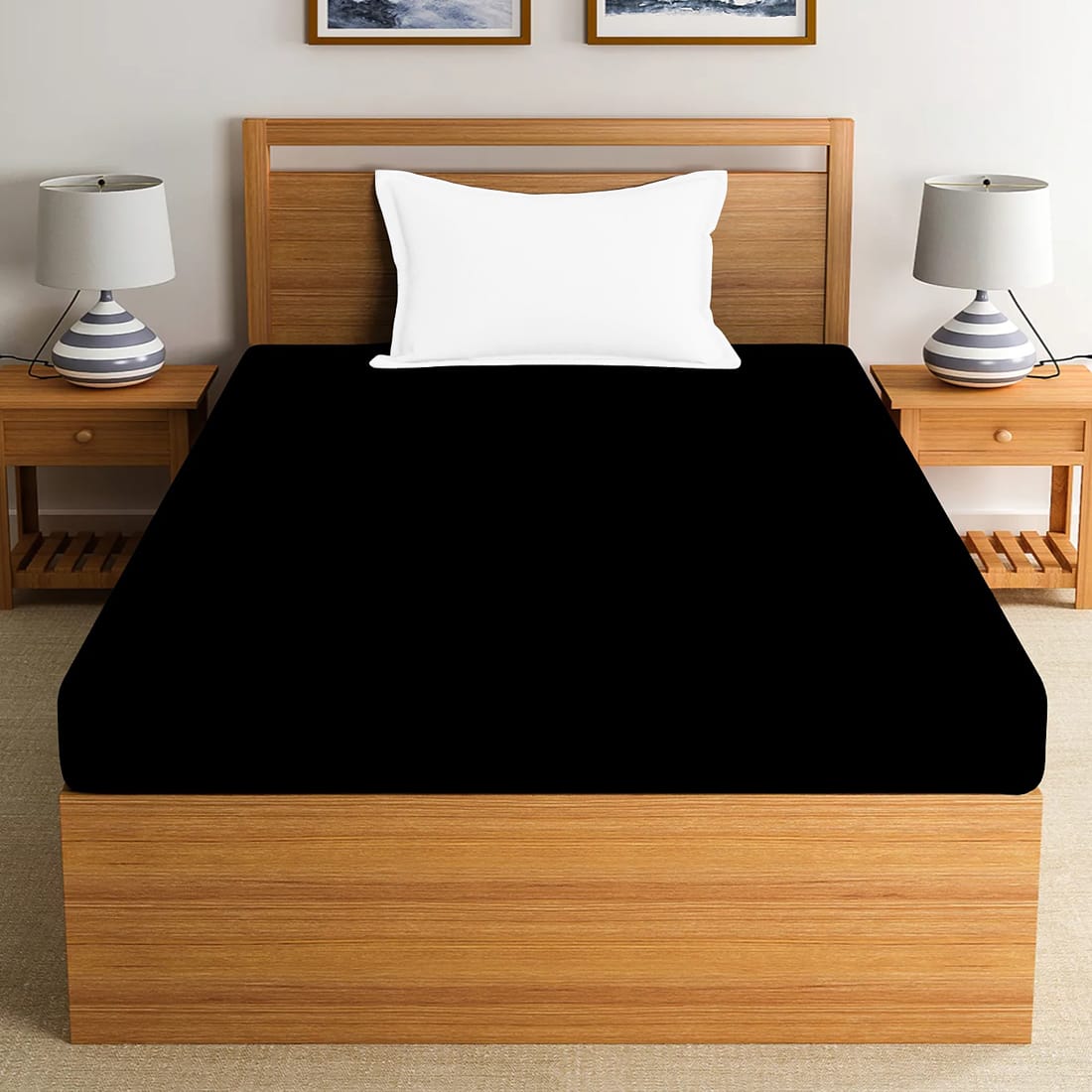 Soft Cotton Plain 210 TC Single Fitted Bedsheet In Black At Best Prices