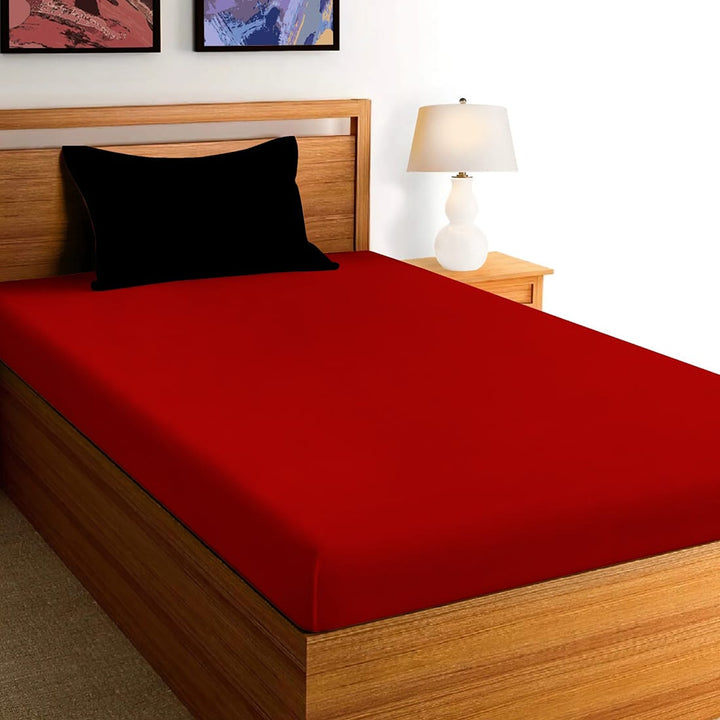 Soft 210 TC Red Plain Cotton Fitted Bedsheet( Single) online in India