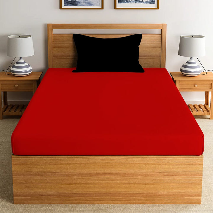 Soft 210 TC Red Plain Cotton Fitted Bedsheet( Single) online in India 