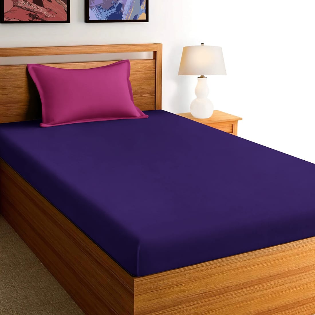 Soft Cotton Plain 210 TC Single Fitted Bedsheet In Purple At Best Prices