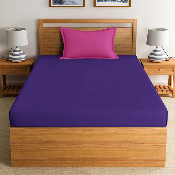 Soft Cotton Plain 210 TC Single Fitted Bedsheet In Purple At Best Prices