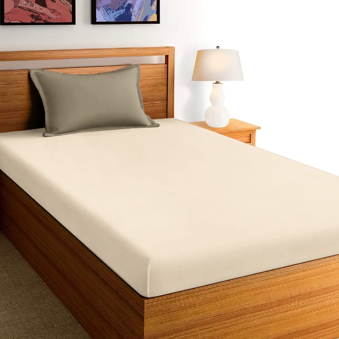 Soft Cotton Plain 210 TC Single Fitted Bedsheet In Cream At Best Prices