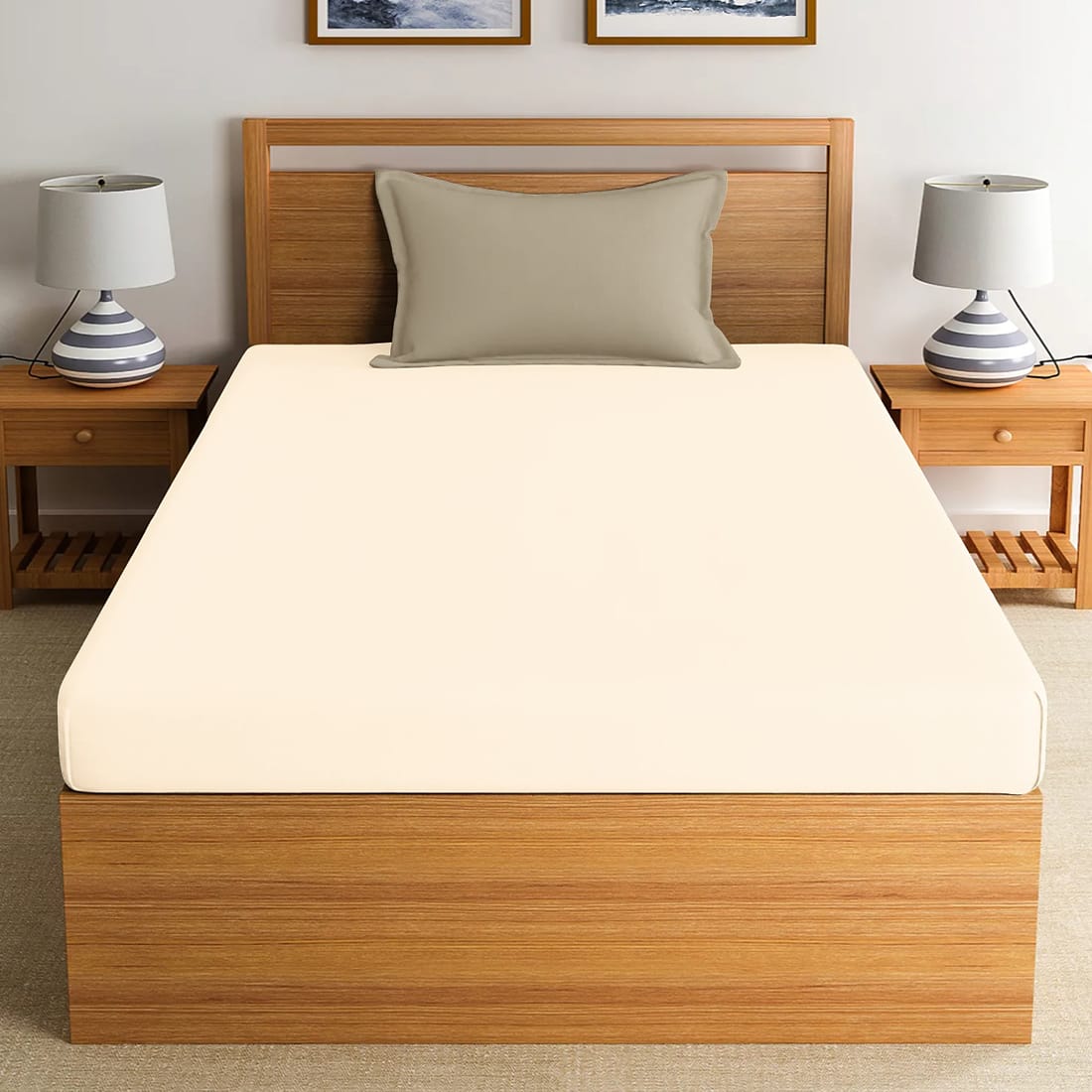 Soft Cotton Plain 210 TC Single Fitted Bedsheet In Cream At Best Prices 