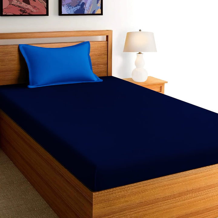 Soft Cotton Plain 210 TC Single Fitted Bedsheet In Navy Blue At Best Prices