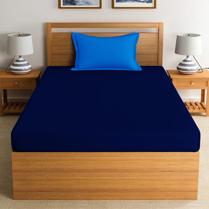 Soft Cotton Plain 210 TC Single Fitted Bedsheet In Navy Blue At Best Prices 