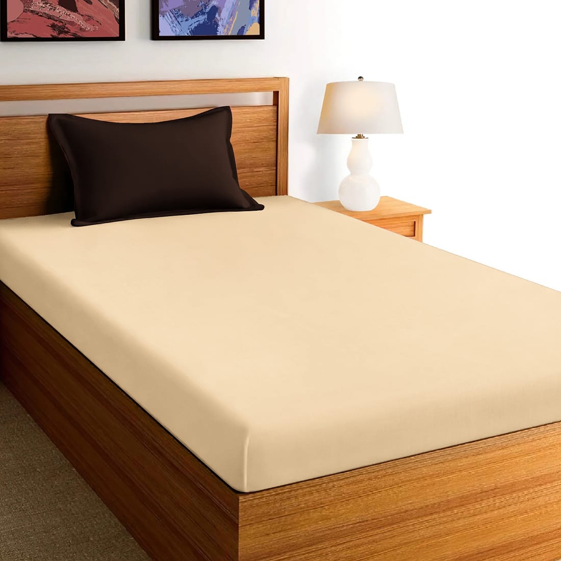 Soft Cotton Plain 210 TC Single Fitted Bedsheet In Beige At Best Prices